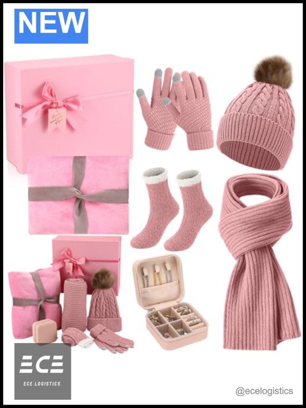 7 Pc Winter Gift Set Hat Scarf Gloves Throw Blanket Socks Jewelry Box for Women